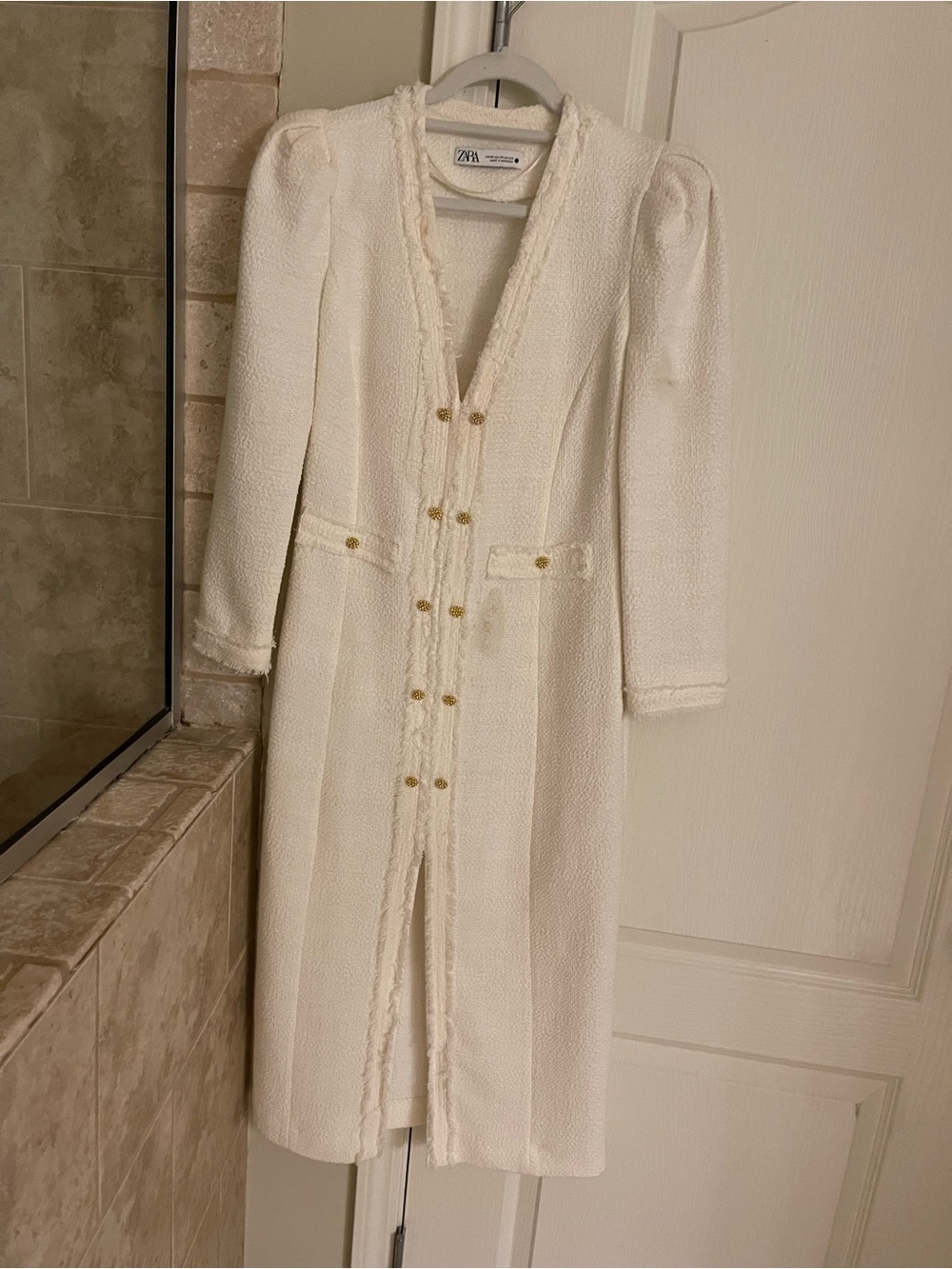 Zara Ivory Textured Long Sleeve Midi Dress with Gold Buttons